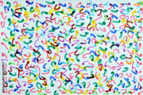 Abstract drawing with colored markers: commas, squiggles.