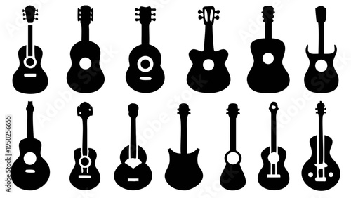 Black silhouettes of various guitars on white background