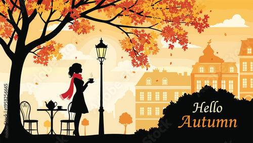 Silhouette of a stylish woman with a red scarf enjoys a warm beverage at an outdoor cafe during a golden autumn sunset in the city.