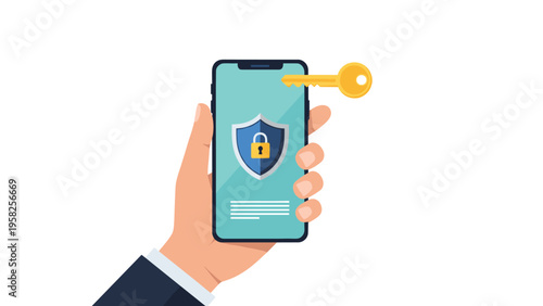 Person holds a smartphone displaying a security shield and padlock icon while a golden key hovers near the screen for authentication.