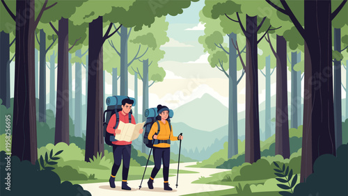 Two hikers with large backpacks study a map together while walking along a scenic trail through a dense green forest with mountains.