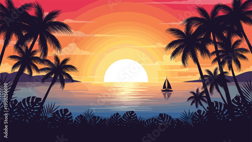 Serene tropical beach landscape showcases a vibrant sunset over the ocean with dark silhouettes of palm trees and a lone sailboat.