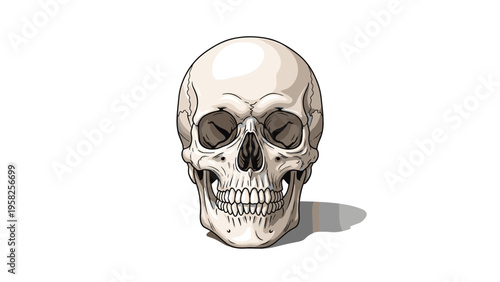 Detailed medical illustration of a human skull is presented from a frontal view on a clean white background with a shadow.