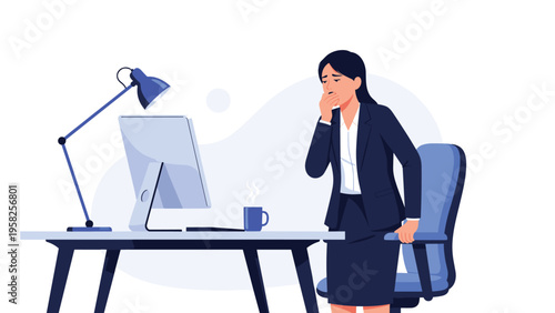 Exhausted young businesswoman yawns while standing at her desk with a computer and a cup of coffee in a modern office.