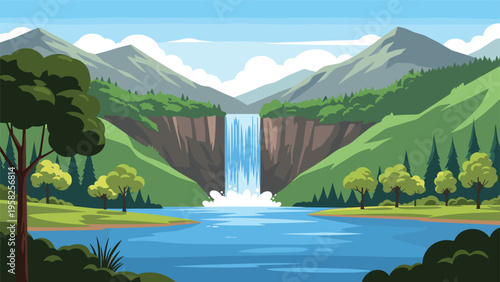 Stunning landscape features a powerful waterfall cascading into a blue lake surrounded by green trees and tall gray mountains.