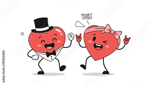 Two cheerful cartoon heart characters dressed as a bride and groom dance happily with one winking and making rock music gestures.