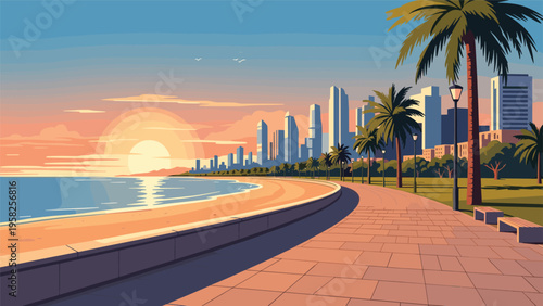 Peaceful coastal city skyline at sunset is viewed from a paved beach walkway lined with tall palm trees and benches.