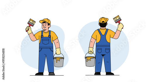 Male painter in blue overalls and yellow cap shown from front and back views holding a brush and a bucket of yellow paint.