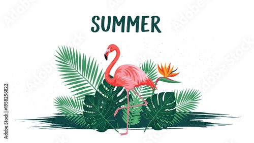 Tropical summer illustration featuring a pink flamingo standing among lush green palm leaves and hibiscus flowers with stylized text.