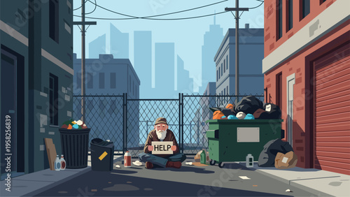 Elderly homeless man sitting on a dirty city alleyway ground holding a help sign surrounded by trash bins and high-rise buildings.