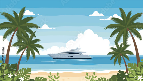 Tropical island beach scene with a luxury motor yacht anchored in calm turquoise water framed by tall palm trees and white clouds.