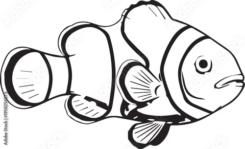 Black and white line art clownfish icon isolated on white background