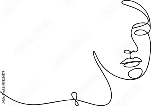 Abstract Minimal Line Art Female Face, Continuous One Line Woman Portrait with Elegant Outline