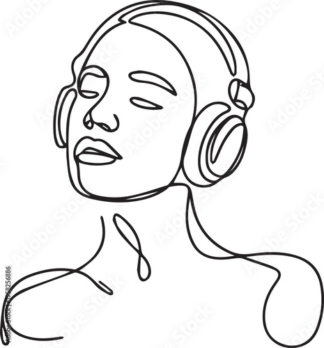 Minimalist Line Art Woman Listening to Music with Headphones, Continuous Line Female Portrait