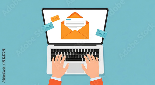 A person types on a laptop with hands on keyboard and email on screen