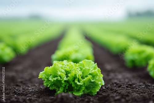 Fresh green lettuce plant in a farm field with rows of growing crop. Organic healthy food agriculture