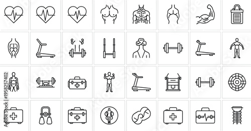 Fitness and medical line icon set featuring gym equipment body anatomy healthcare symbols workout training outline vector illustration