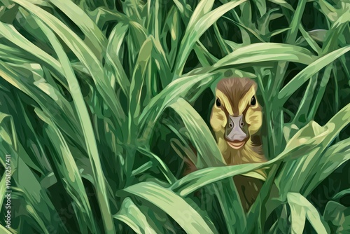 A curious duckling peeks out from tall, green blades of grass, creating a whimsical nature scene