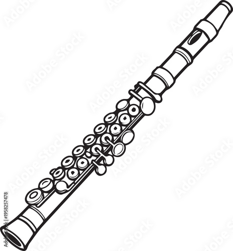 black and white line art flute icon isolated on white background