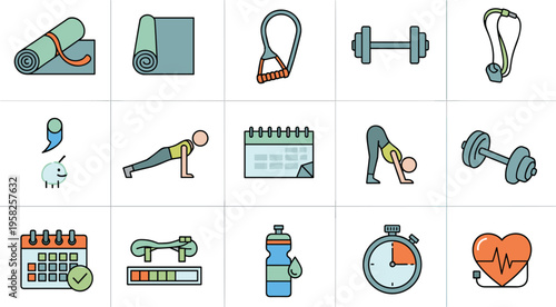 Fitness workout and healthy lifestyle icon set featuring exercise equipment yoga training schedule hydration tracking elements in flat vector style
