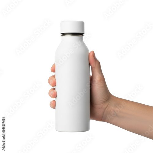 Person holding a white insulated water bottle with decorative red accents isolated on transparent background