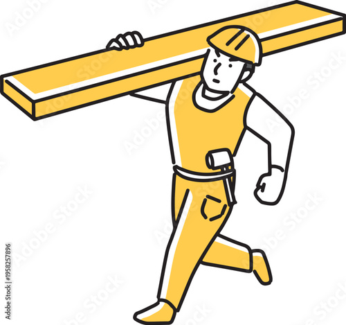 木材を肩に乗せて動く作業員