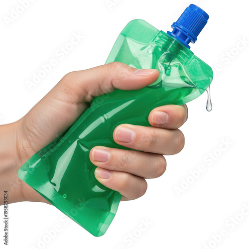 Hand holding a green squeeze bottle for liquid storage or dispensing isolated on transparent background