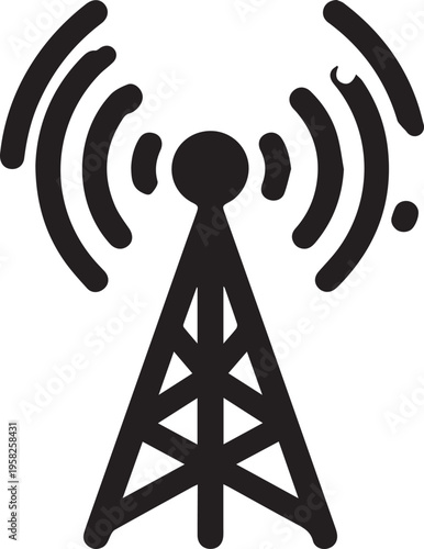 Black and white wireless signal tower icon for communication technology