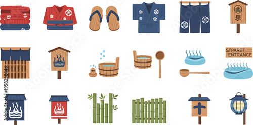 Japanese onsen and traditional bathhouse icon set featuring spa elements clothing signage bamboo hot springs flat vector illustration