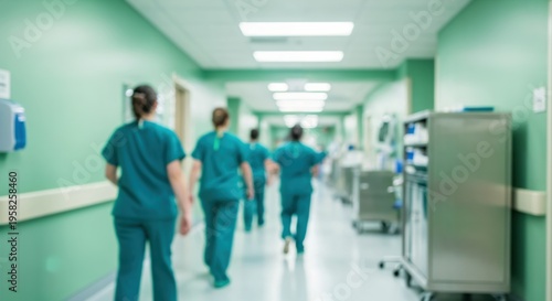 Medical staff in teal scrubs walking through a hospital hallway during a busy night shift nursing rotation