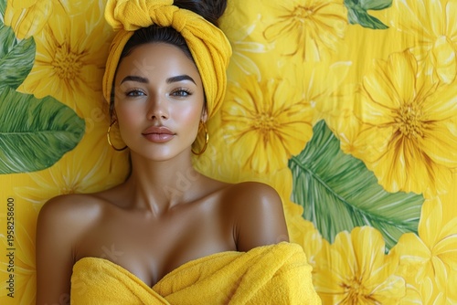 Beautiful woman enjoys a relaxing moment at a spa salon on a bright yellow background