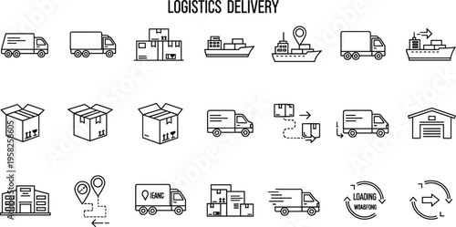 Logistics and delivery icon set featuring shipping transport warehouse tracking cargo distribution and supply chain outline vector illustration