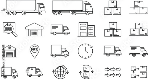 Logistics and shipping line icon set featuring delivery trucks warehouse tracking cargo distribution and supply chain outline vector illustration