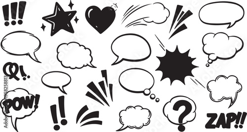 Black Hand Drawn Comic Speech Bubble and Thought Cloud Silhouette Set