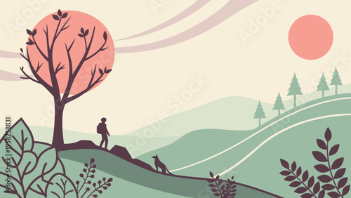 Atmospheric gradient landscape with glassmorphism effect, minimalist hills trees and tiny human figures in dreamy pastel environment