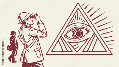 Minimal line illustration of observer with binoculars and all seeing eye pyramid symbol, conceptual design about surveillance and secrecy