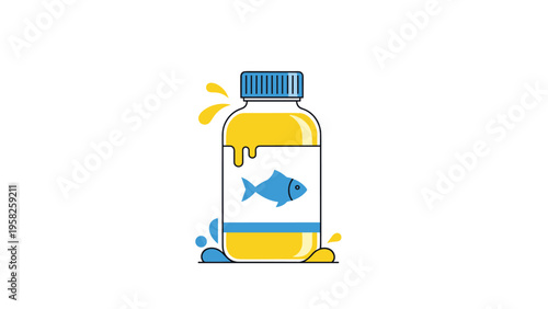 Fish oil supplement bottle filled with yellow liquid represents natural health and omega-3 nutrients in a clean vector illustration.
