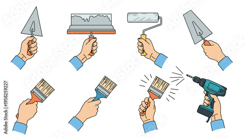 Collection of hands holding various construction and home renovation tools including brushes, trowels, a roller, and a power drill.