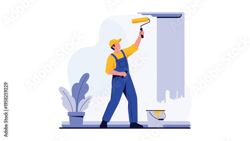 Professional male painter using a roller to apply blue paint to an interior wall while wearing overalls and a protective cap.