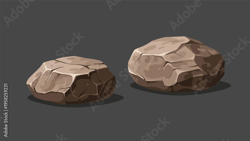 Two large weathered brown stones with cracks and shadows isolated on a dark grey background for nature and landscape elements.