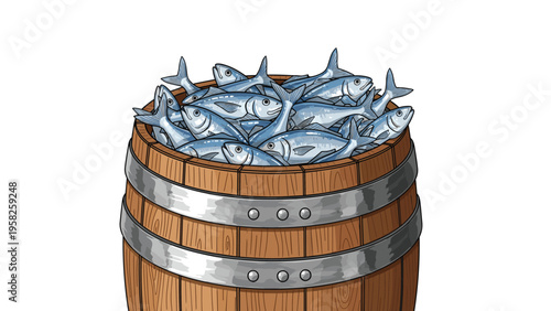 Large wooden barrel overflowing with fresh silver fish caught in the ocean isolated on a white background representing fishing.