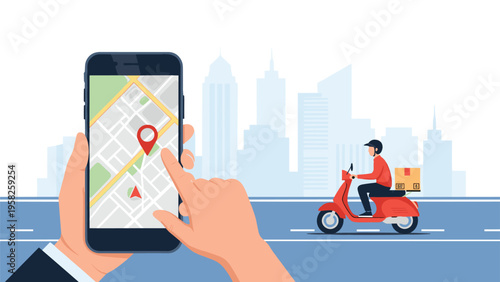 Hand holding a smartphone displaying a GPS navigation map while a delivery person on a red scooter drives past in a city street.