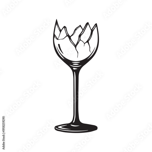 Black and white line art vector illustration of a broken wine glass
