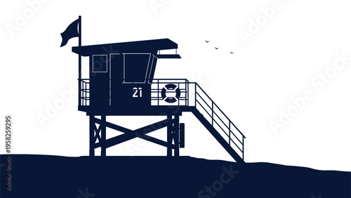 Minimalist silhouette of a wooden lifeguard tower with a flag and stairs isolated on a white background for nautical themes.