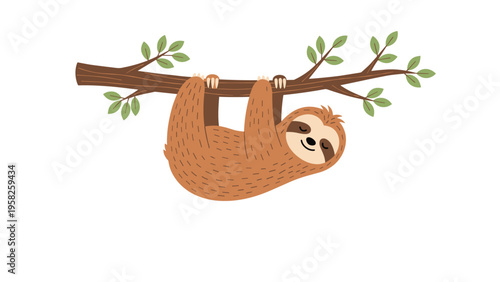 Cute brown sloth hanging from a tree branch with green leaves smiling peacefully with its eyes closed on a white background.