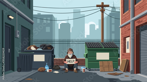 Homeless man sitting on the ground in a city alleyway next to dumpsters holding a cardboard sign that says help in a pixel art style.