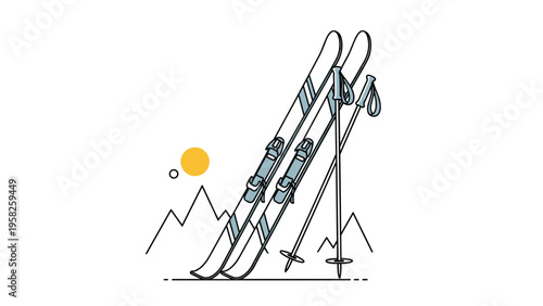 Pair of skis and ski poles leaning against each other in a mountain landscape with a bright sun and clear sky in a flat design style.