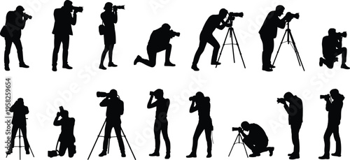 Photographers silhouettes cameras tripods diverse poses creative photography art flat vector