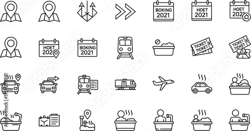 Travel and booking line icon set featuring transport tickets navigation accommodation hot springs tourism elements outline vector illustration