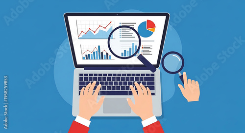 A person analyzes data on a laptop screen with a magnifying glass in hand.